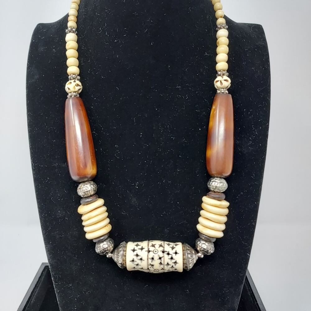 Ethnic Tribal Necklace Carved Horn Stone Beads Silver Accents Chunky Boho 24"